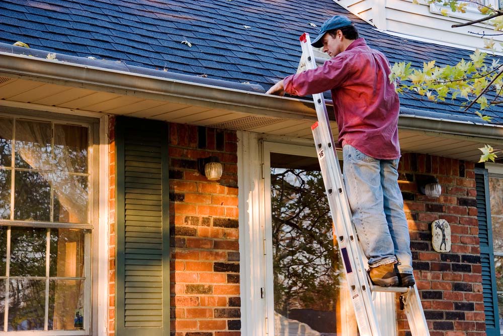 Man,Cleaning,Gutters,On,Ladder