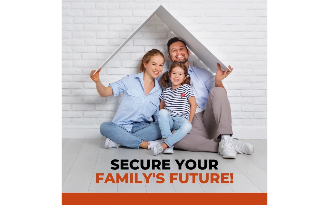 An insurance education blog graphic for Union Bay Risk Advisors features a family of three smiling under a cutout shaped like a roof against a white brick wall, with the text "SECURE YOUR FAMILY'S FUTURE!" - arlingtonagency.com